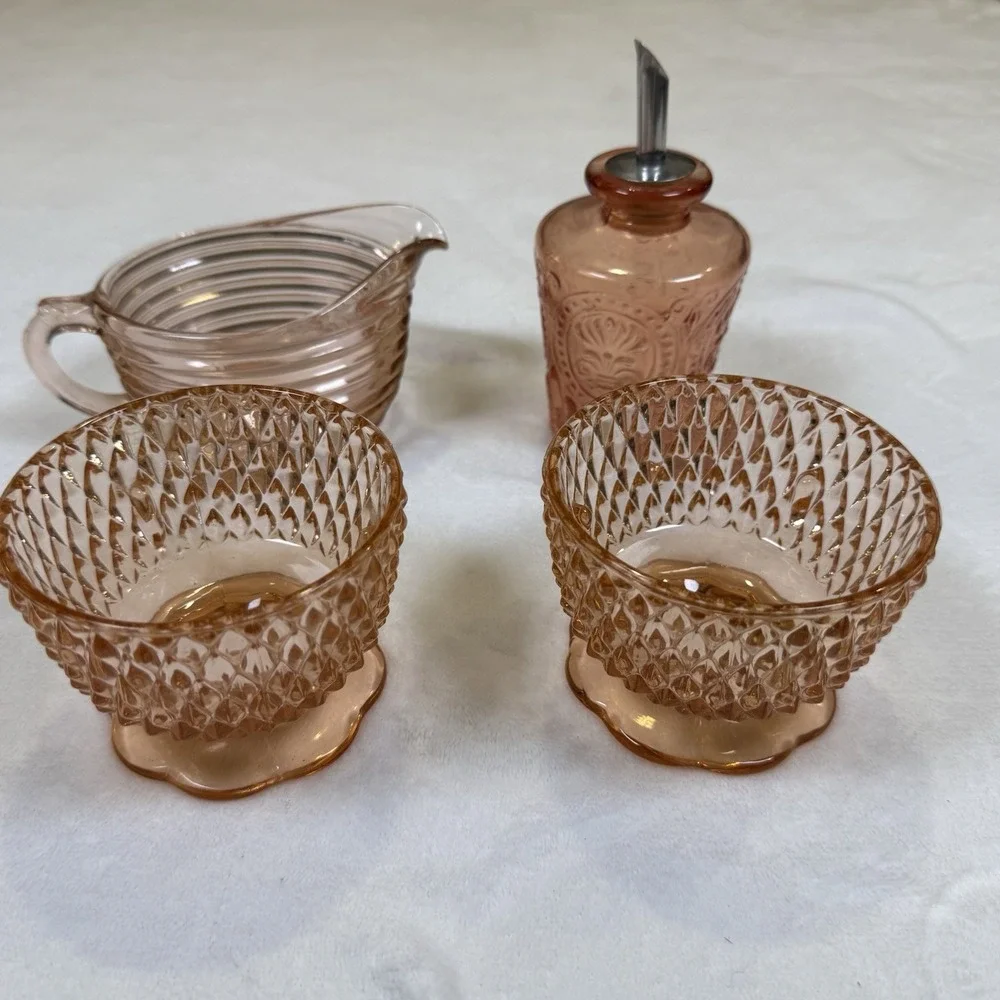 Vintage Pink Depression Glass 4pc Lot Creamer Footed Bowls Syrup Dispenser